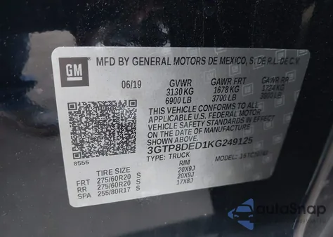 2019 GMC Sierra 1500 Slt z USA, uszkodzony, nr VIN 3GTP8DED1KG249125